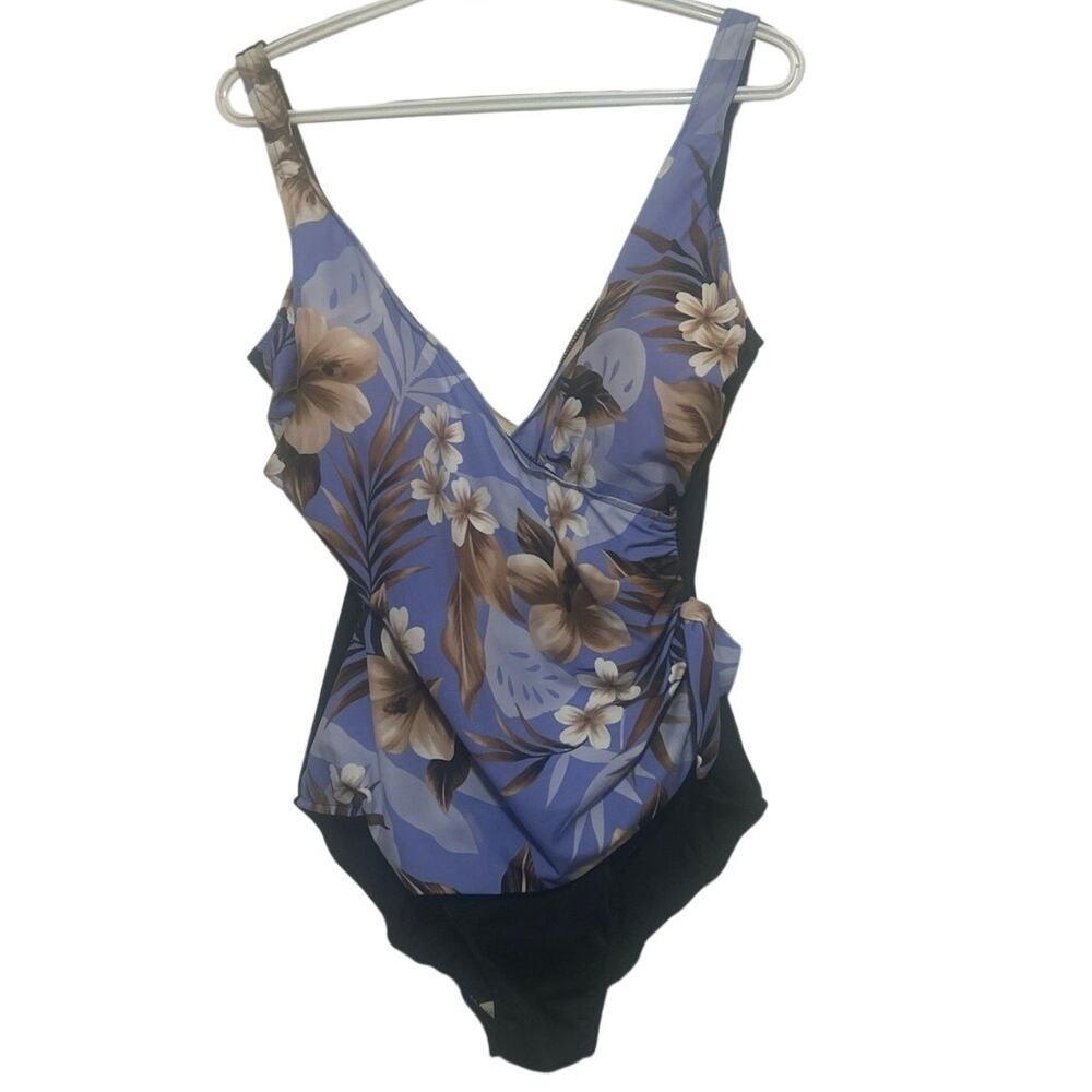 Caribbean Joe Island Supply Co. Women's Blue Brown Tropical Swimsuit Size 18